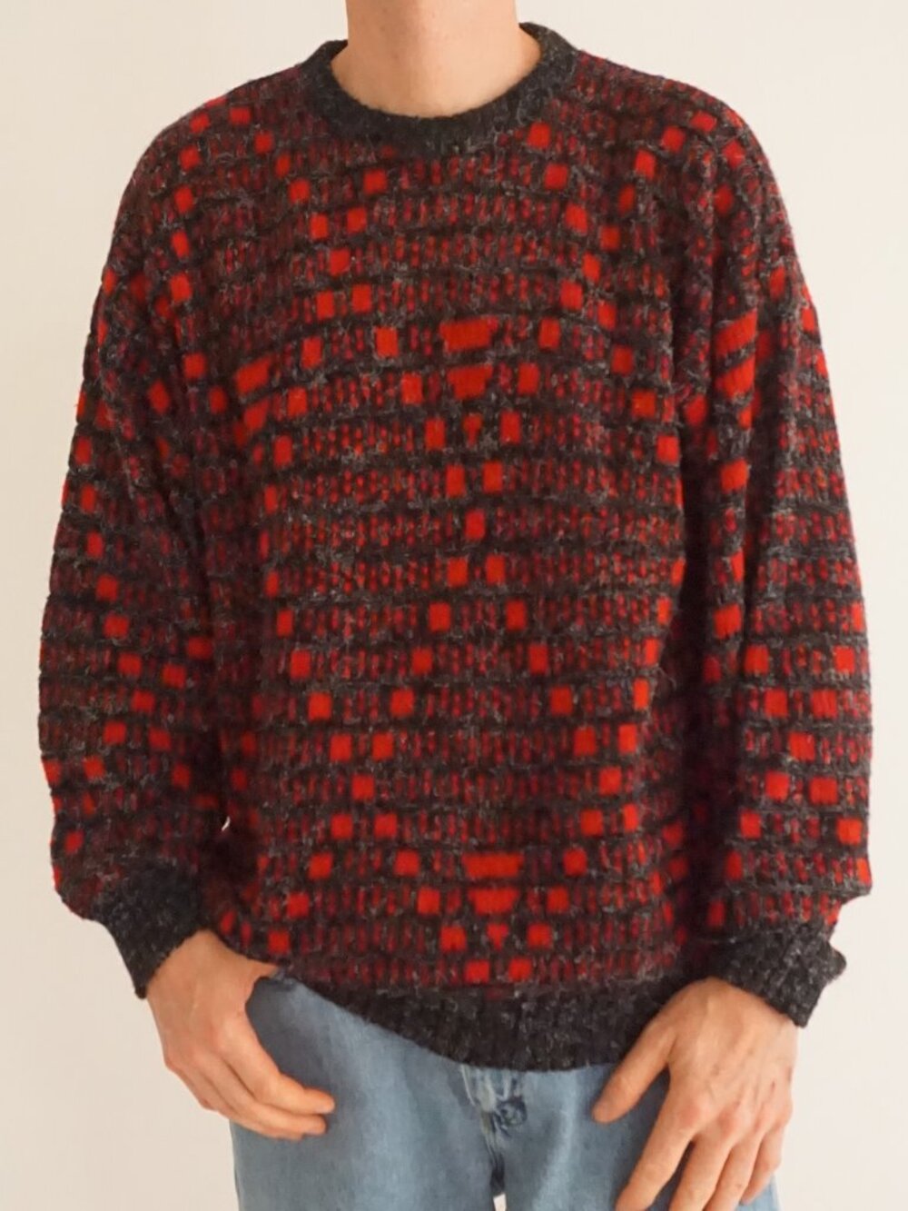 Vintage New Era Red Black Plaid Grid Geometric Made USA Jacquard Woven Sweater L
